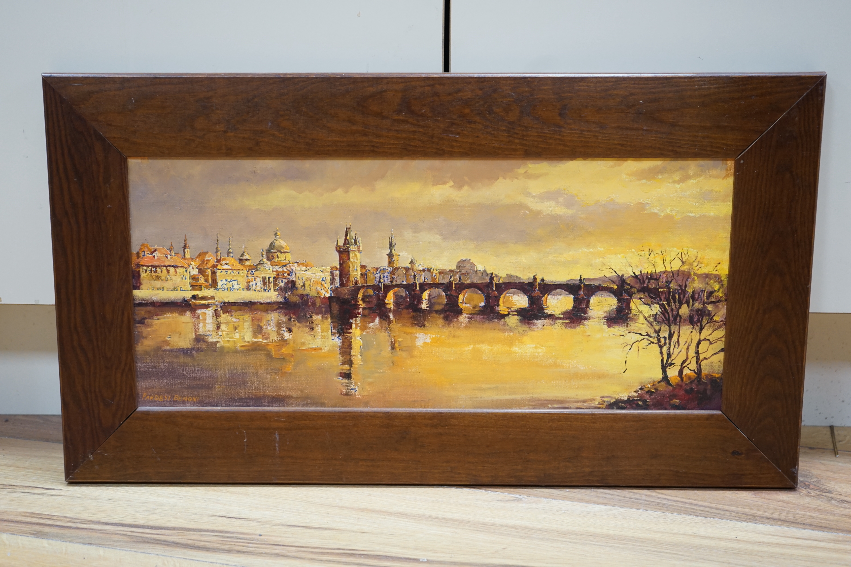 Pardesi Benoni, oil on canvas board, View of Prague, signed, 21 x 49cm